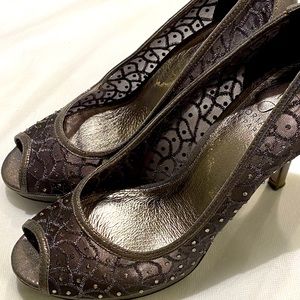 Adrianna Papell Gumetal Sterling Metallic Peep-Toe Heel